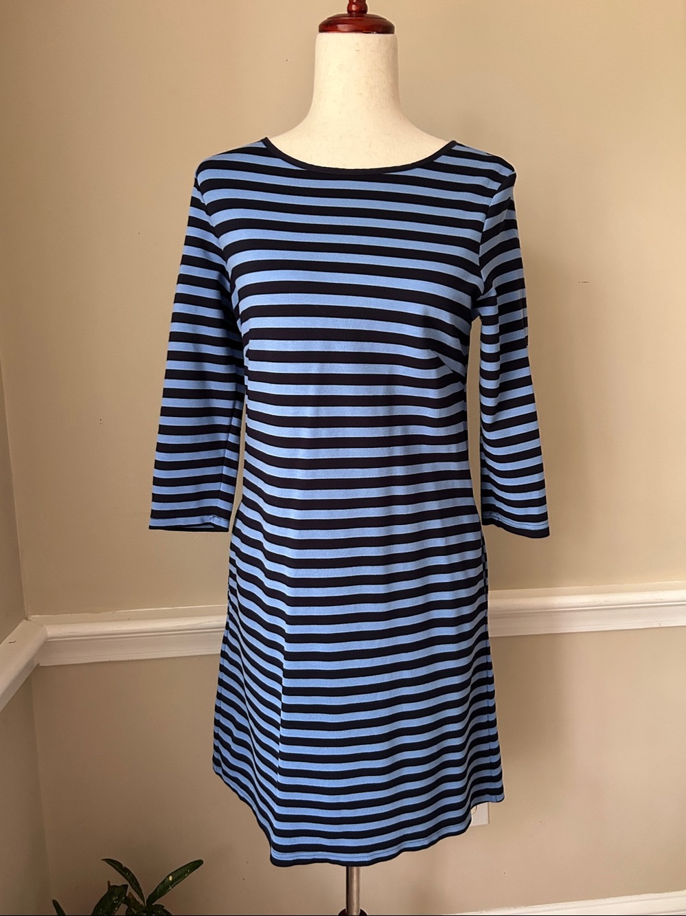 JADE MELODY TAM | Blue Black Stripe Dress 3/4 Sleeve M Soft Stretch Jersey Knit